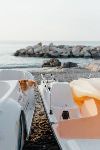 Kaboompics - Ginger Cat Between White Boats on a Pebble Beach
