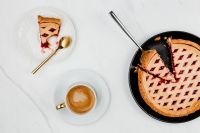 Kaboompics - Blueberry Pie with Cappuccino and Cream-Topped Slice on Marble