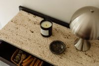 Kaboompics - Black Console with Open Drawer and Woven Basket