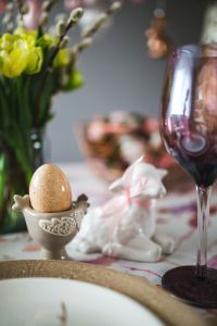 Kaboompics - Easter table with cute pink decorations, flowers, catkins and eggs
