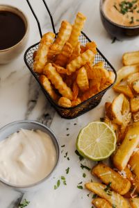 Kaboompics - Crinkle Cut Fries with Sauces and Lime
