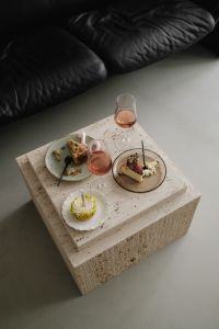 Kaboompics - Dessert Plates, Wine and Small Cake on a Table