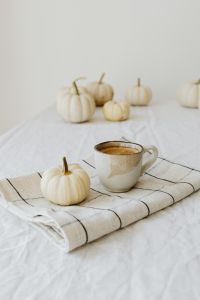 Kaboompics - Coffee Cup with White Mini Pumpkins and Checkered Blanket