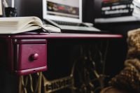 Kaboompics - Pink Desk Drawer and Open Notebook, Home Office Detail