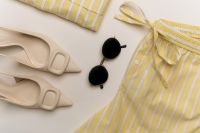 Kaboompics - Yellow Striped Outfit with Sunglasses and Beige Sandals