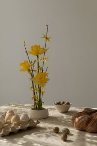 Kaboompics - Easter Still Life with Yellow Flowers Eggs and Bread