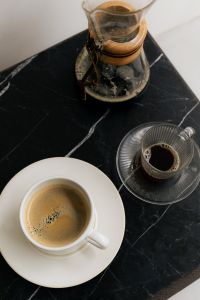 Kaboompics - Overhead Coffee Cup, Chemex and Coffee Glass on Black Slate Table