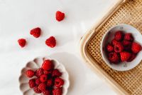 Kaboompics - Wooden Tray With Raspberry Bowls