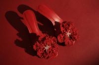 Kaboompics - Red Crochet Flower Sandals in a High-Contrast Red-on-Red Fashion Flat Lay