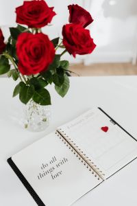 Kaboompics - Close-Up of Red Rose Vase and February Planner with Valentine's Heart