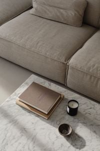 Neutral Living Room with Beige Sofa and Marble Coffee Table