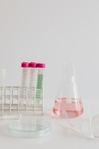 Kaboompics - Pink-Capped Sample Tubes and Clear Lab Beaker