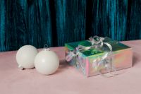 Kaboompics - Holographic Gift Box with White Baubles