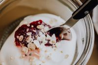 Kaboompics - Overhead Yogurt with Berry Compote and Granola in a Jar