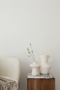 Kaboompics - Neutral Ceramic Vase Still Life on Marble-Top Wooden Table