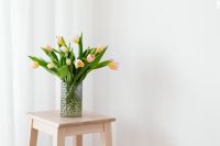 Kaboompics - Glass Vase of Pastel Tulips Styled in a Bright Room for Spring Home Decor