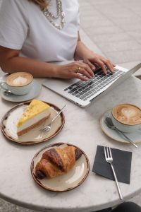 Coffee Shop Aesthetic with Outdoor Work Vibes, Coffee and Pastries
