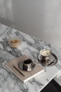 Kaboompics - Coffee, Dessert and Glass Bowl Still Life on Arabescato Marble