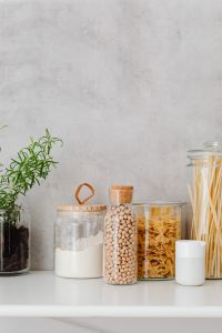 Kaboompics - Bright Kitchen Copy Space with Rosemary, Spaghetti and Minimal Food Storage Jars