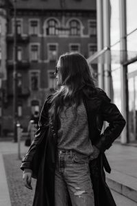 Kaboompics - Black and White Rear View of Woman in a Long Leather Coat