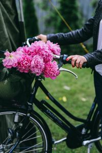 Woman holding a bicycle with beautiful pink flowers in the basket