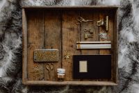 Kaboompics - Office accessories on an old wooden tray