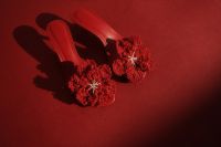 Kaboompics - Overhead Pair of Red Crochet Flower Sandals with Graphic Shadows on a Red Surface