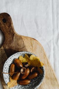 Kaboompics - Speckled Bowl of Acorns on a Wooden Board