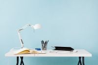 Kaboompics - Minimal Home Office Desk with Lamp, Notebook, Pencils and Laptop