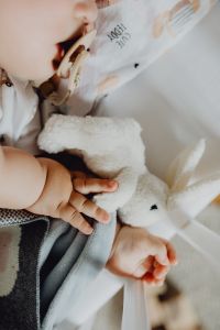 Kaboompics - Sleeping Newborn with Pacifier Holding Soft Plush Toy in Bed