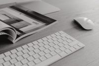 Kaboompics - Monochrome Workspace Flat Lay with Keyboard Mouse and Magazine