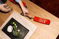 Kaboompics - Overhead Living Room Still Life with Red Retro Telephone, Hand Holding Glass and Floral Stone Tray