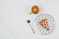 Kaboompics - Blueberry Pie Slice and Cappuccino on White Marble
