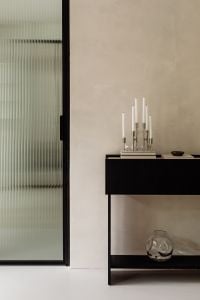 Black Console with Travertine Top and Wood Veneer Decor