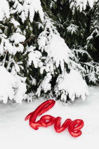 Red LOVE Balloon in Snow – Valentine’s Day Winter Photos