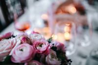 Kaboompics - Pink Roses and Glassware with Warm Christmas Table Bokeh