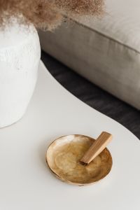 Kaboompics - White Coffee Table with Dried Pampas and Mother-of-Pearl Bowl with Palo Santo