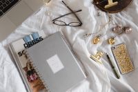 Kaboompics - Minimal Bedside Work Setup With Planner, Laptop And Gold Accessories
