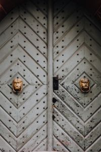 Kaboompics - Close-Up of Gray Ornate Door With Lion Head Knockers