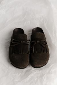 Kaboompics - Dark Brown Suede Slip-On Shoes on White Background