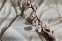 Kaboompics - Open Book on Beige Blanket With Cotton Branch