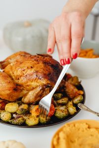 Kaboompics - Fork Serving Roast Poultry with Brussels Sprouts and Carrots