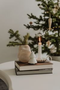 Kaboompics - Minimal Christmas Table with Candles, Vase and Books