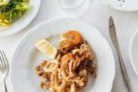 Kaboompics - Fried Calamari and Shrimp with Lemon on White Plate