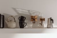Kaboompics - Coffee Bar Shelf with Kettle, Moka Pot and Coffee Dripper