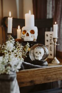 Kaboompics - Close-Up Halloween Skull Candle, Crystal Skull and Trick or Treat Sign