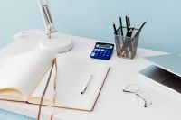 Kaboompics - Home Office Flat Lay with Open Notebook, Calculator and Desk Supplies