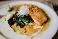 Kaboompics - Bourbon Glazed Salmon Fillet with Creamy Puree, Wilted Greens and Grated Cheese