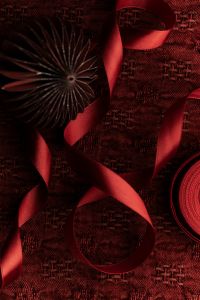 Kaboompics - Burgundy Ribbon and Black Fan Ornament Flat Lay