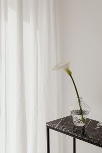 Kaboompics - Minimalist Calla Lily Display in a Clear Vase on Black Marble Side Table
